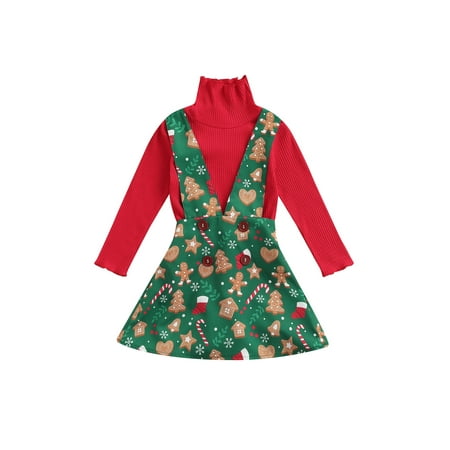 

Christmas 1-6Y Kids Girls 2pcs Clothes Sets Turtleneck Long Sleeve Solid Knit Top+Cartoon Suspender Dress