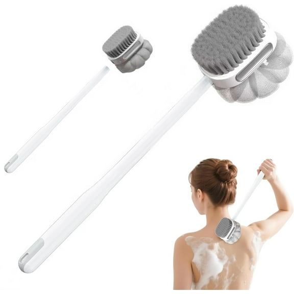 Back Scrubber for Shower, 15.7" Loofah with Handle, Back Shower Brush with Bristles and Loofah, Dry Brushing Body Brush for Cleanse Back and Hard to Reach Areas with Curved Long Handle