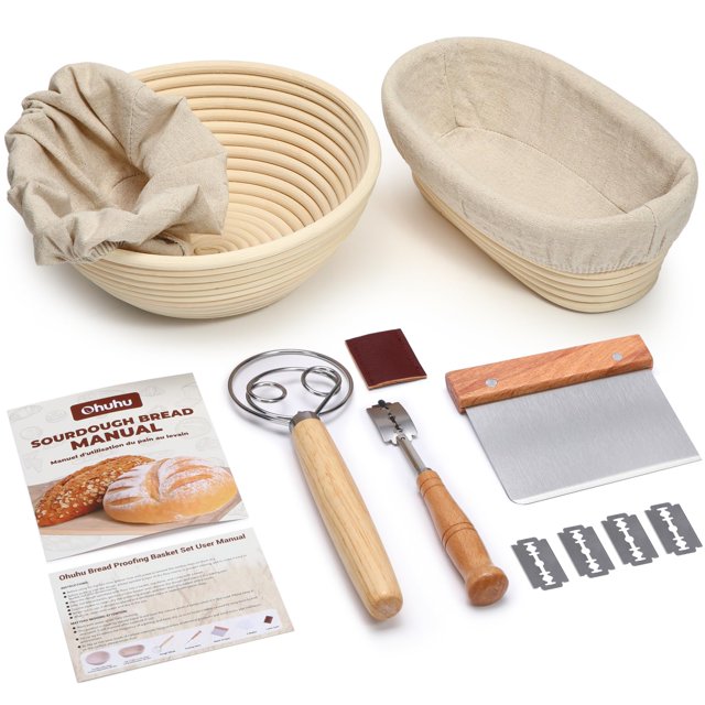Ohuhu Sourdough Bread Starter Kit & Banneton Proofing Basket, All-in-One Set with 9" Round & 10" Oval Baskets & Tools to Bake Perfect Artisan Loaves
