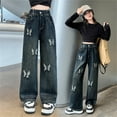 thumbnail image 4 of RUTAYY Toddler Kids Girls Jeans Distressed Elastic Waist Baggy Denim Wide Leg Trousers Cozy Pants, 4 of 9