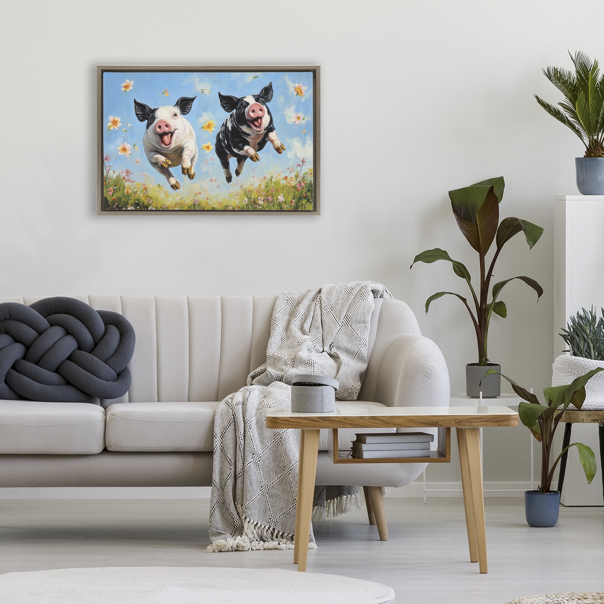 Stupell Industries Flying Pigs & Flowers Brown Framed Floater Canvas Wall Art, design by The Wands Want