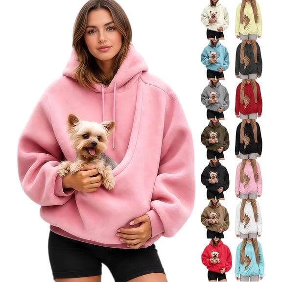 YUNLIUU Hoodie with Cat Dog Pouch For Women Oversized Casual Pet Carrier Kangaroo Pocket Fuzzy Kitten Puppy Holder Hoodies,3X-Large,A Pink