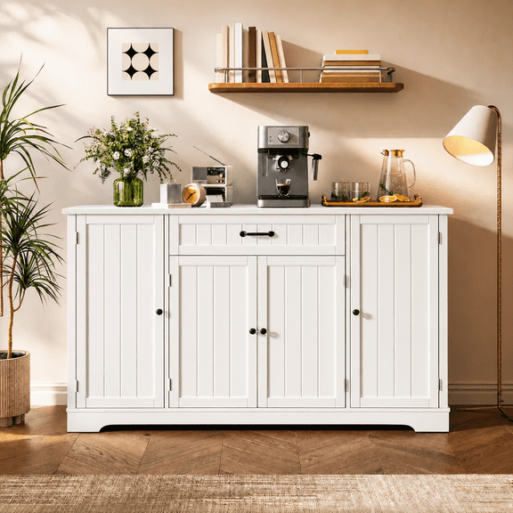 Multipurpose Buffet Cabinet with 4 Doors 1 Drawer, Layered Open Shelf Design, Ideal for Kitchen Bathroom Living Room Storage, White