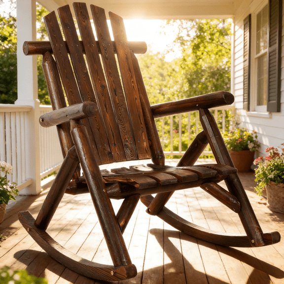 Solid Wood Porch Rocking Chair Fir Wood Patio Rocker with High Fan Back Contoured Seat  Easy Assembly Garden Rocking Chair for Outdoor Indoor Use in Backyard Patio Garden Sunroom Country Brown Finish
