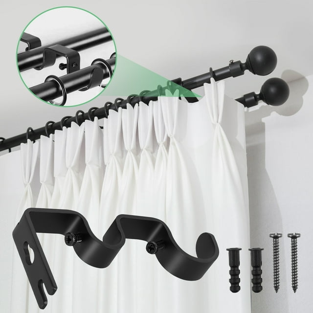 VOSAREA - 2 soportes para barra de cortina doble, accesorios para sala de estar y dormitorio (negro)