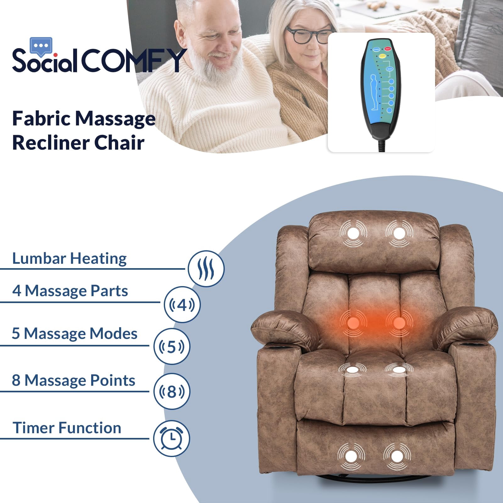 Manual Swivel Glider Rocker Recliner Chair with Heated Massage, 360° Swivel Overstuffed Lounge Chair with 2 Cup Holders, Side Pockets & USB Ports for Living Room, Fabric Brown