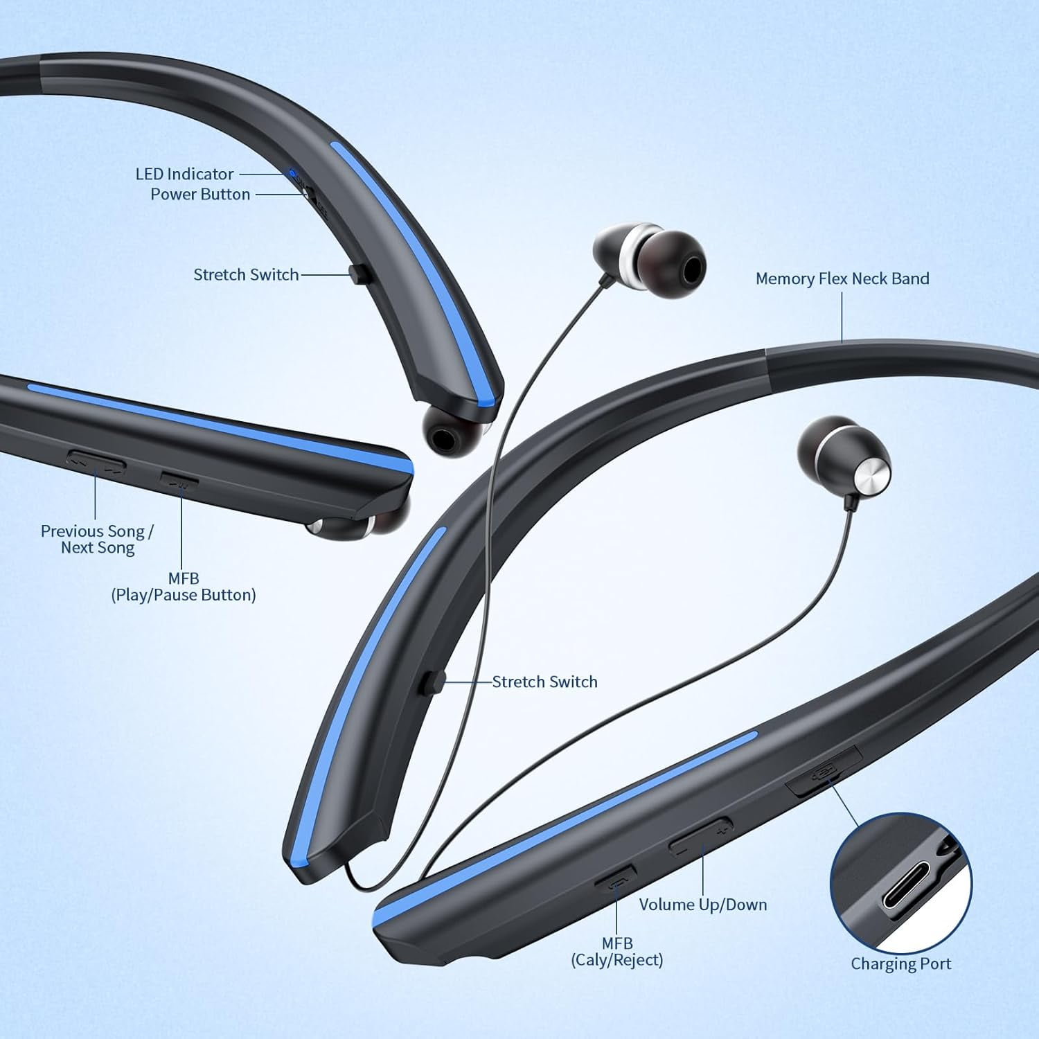 Retractable Neckband Bluetooth Headphones, IPX5 Sweatproof Headset Wireless Earbuds with Mic, Vibration Alert, Noise Cancelling Stereo Earphones for Sports, Running, Driving, Workouts (Blue)
