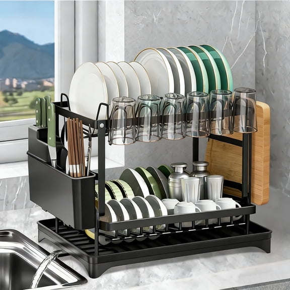 Yucurem 2-Tier Stainless Steel Dish Drying Rack with Auto Drainage, Kitchen Dish Drainer, with Utensil Cups Holder, Cutting Board Holder