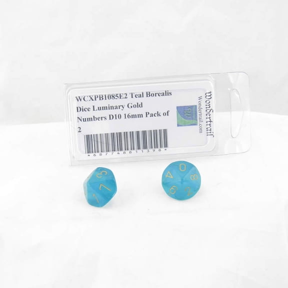 Teal Borealis Dice Luminary with Gold Numbers D10 Aprox 16mm (5/8in) Pack of 2 Wondertrail