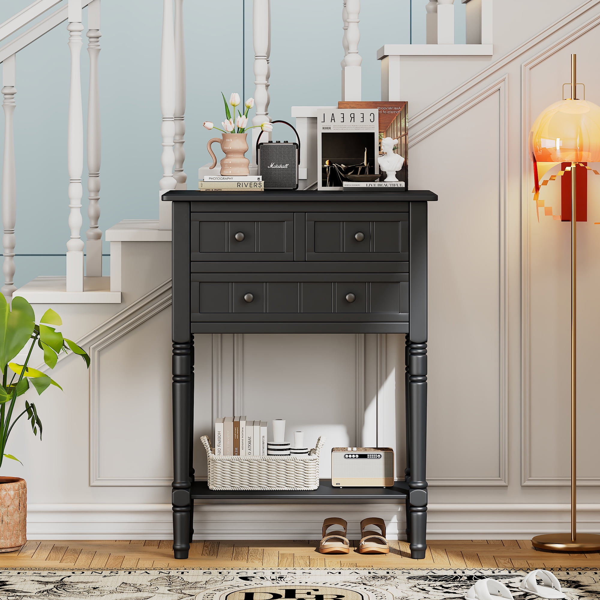 Harper & Bright Designs Narrow Console Table with Storage Drawers and Bottom Shelf for Entryway Living Room, Retro Console Table for Small Space, Black