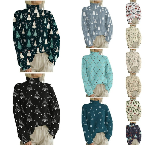 Gyexs Womens Christmas Sweater Knit Warm Sweater Tops Turtleneck Long Sleeve Shirts Soft Cozy Winter Clothes Women's Fashion #01 Light Blue & Size XL