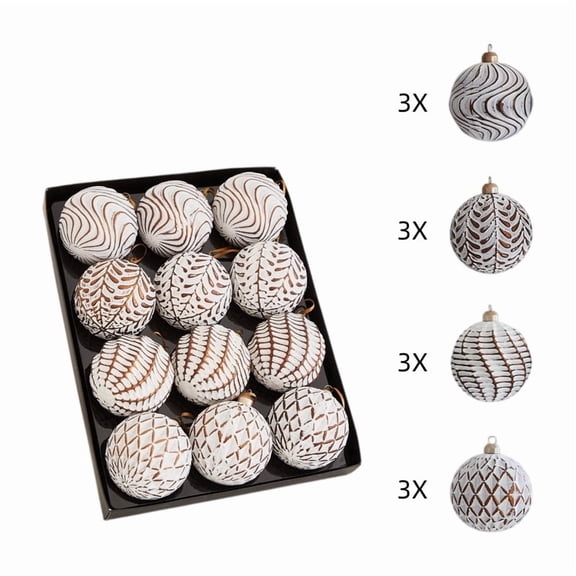 Vintage Christmas Ball Ornaments Set of 12, 8 cm Painted Embossed Baubles, Shaped Xmas Hanging Decorations for Tree and Wreath - Sage and Cream