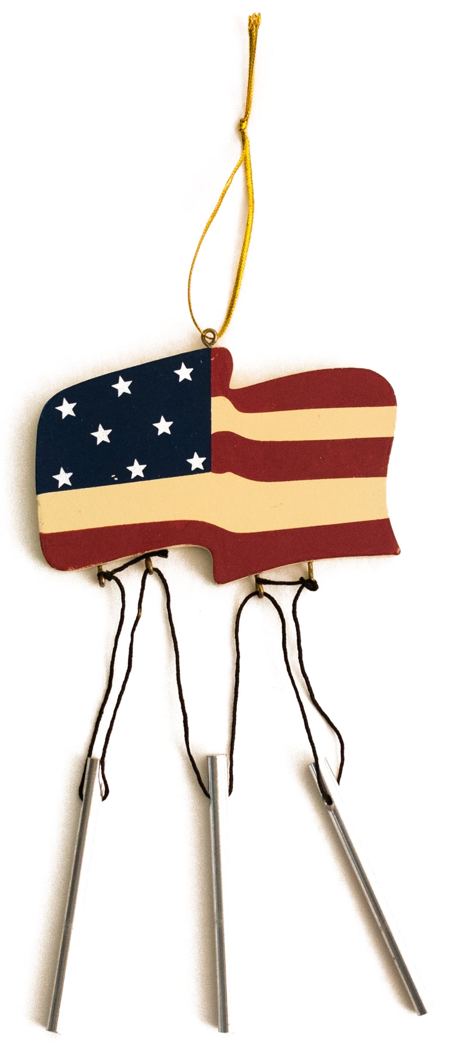 Wooden Flag Wind Chime Patriotic 8"L Hanging Decoration, Red White Blue