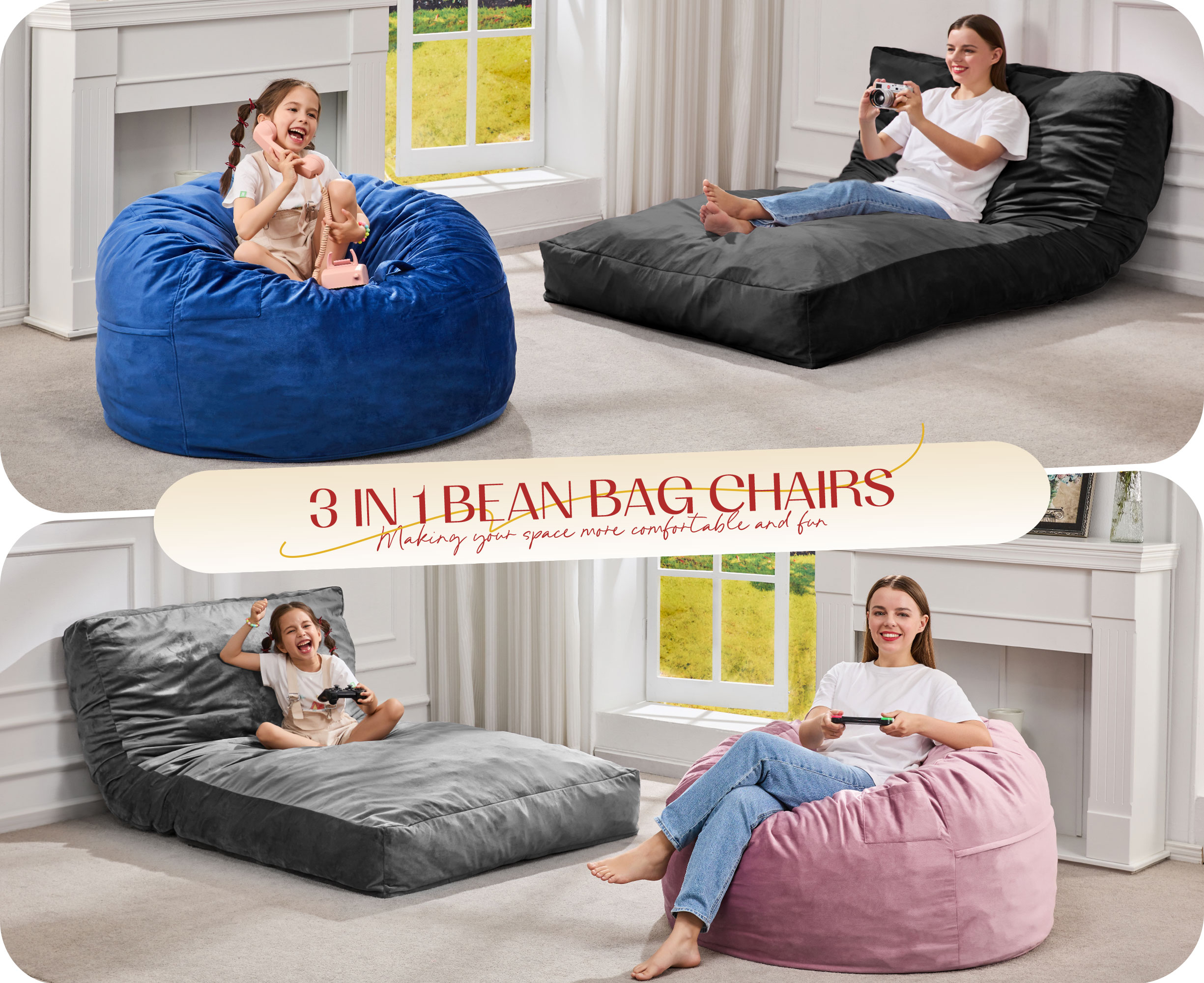 Hobestluk Bean Bag Chair 3 in 1 Beanbag Chairs for Adults, Large Bean Bags with Removable Velvet Cover, Convertible Adult Bean Bag Chair for Living Room, Bedroom, Playroom (Blue, Queen)
