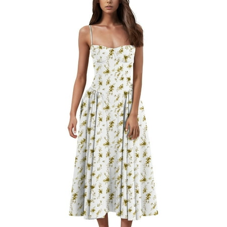 Qwertyu Dresses for Women 2025 Boho Spaghetti Straps Corset Dress Sleeveless Elegant Prom Dresses Flowy Pleated Midi Dress with Pocket Army Green 2XL