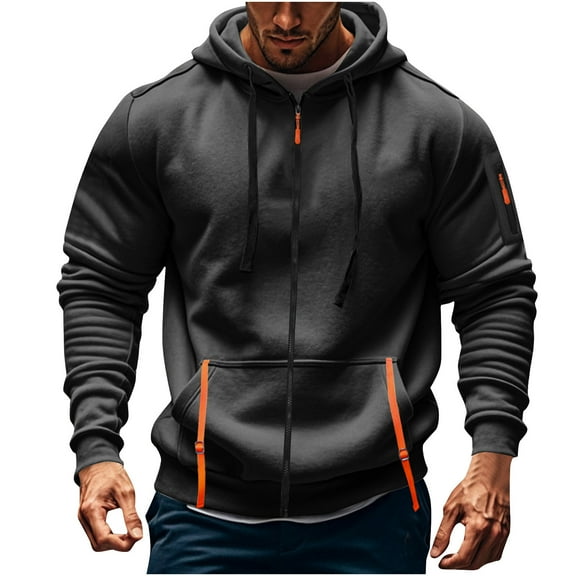 KeShDi Mens Jackets Men's Cargo Solid Color Multiple Pockets Sports Ditness Training Long Sleeved Hooded Casual Jacket Dark Gray 2X