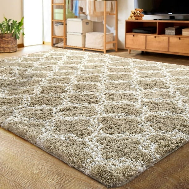 Alfombra de terciopelo supersuave para sala de estar, decoración de dormitorio, antideslizante, moderna y peluda, tamaño grande (beige geométrico, 160 x 230 cm)