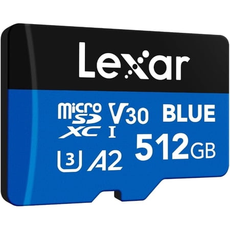 Lexar 512GB Blue Micro SD Card Up to 160MB/s, microSDXC UHS-I Memory Card with SD Adapter, C10, U3, A2, V30, Full HD, 4K UHD, High Speed TF Card