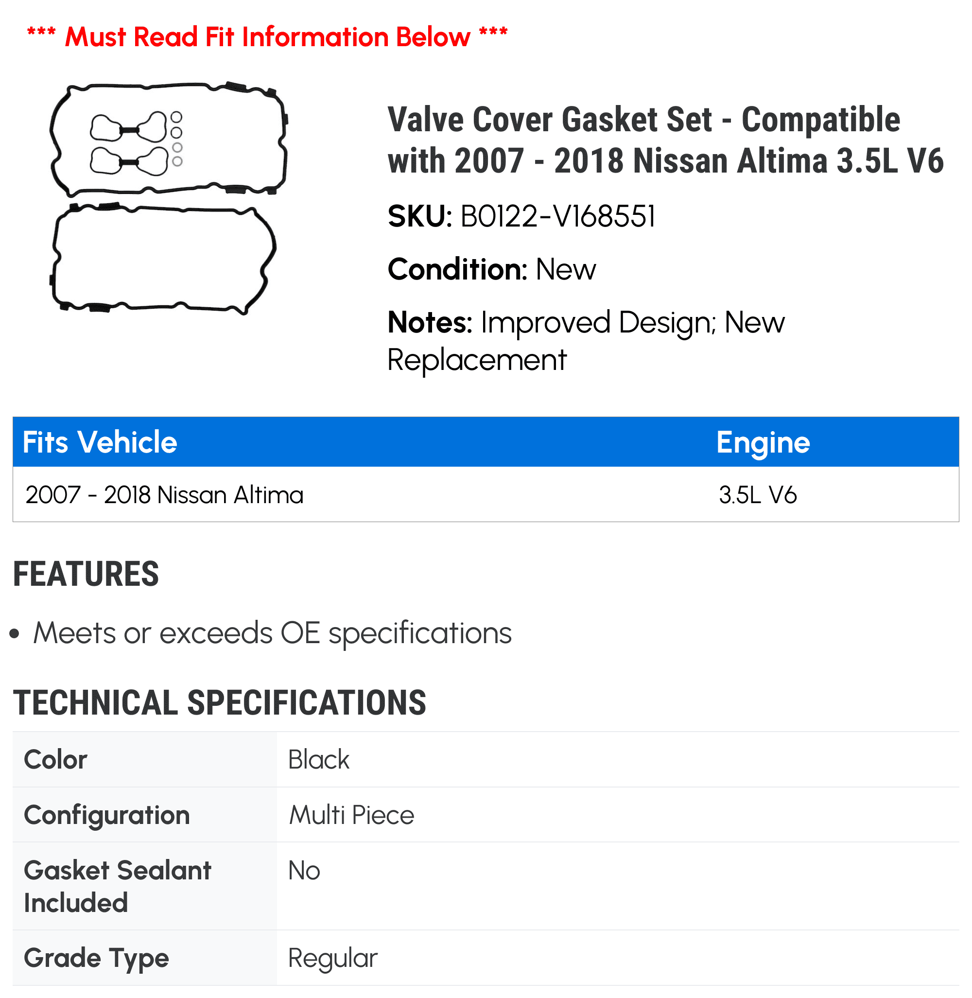 Valve Cover Gasket Set - Compatible with 2007 - 2018 Nissan Altima 3.5L V6 2008 2009 2010 2011 2012 2013 2014 2015 2016 2017