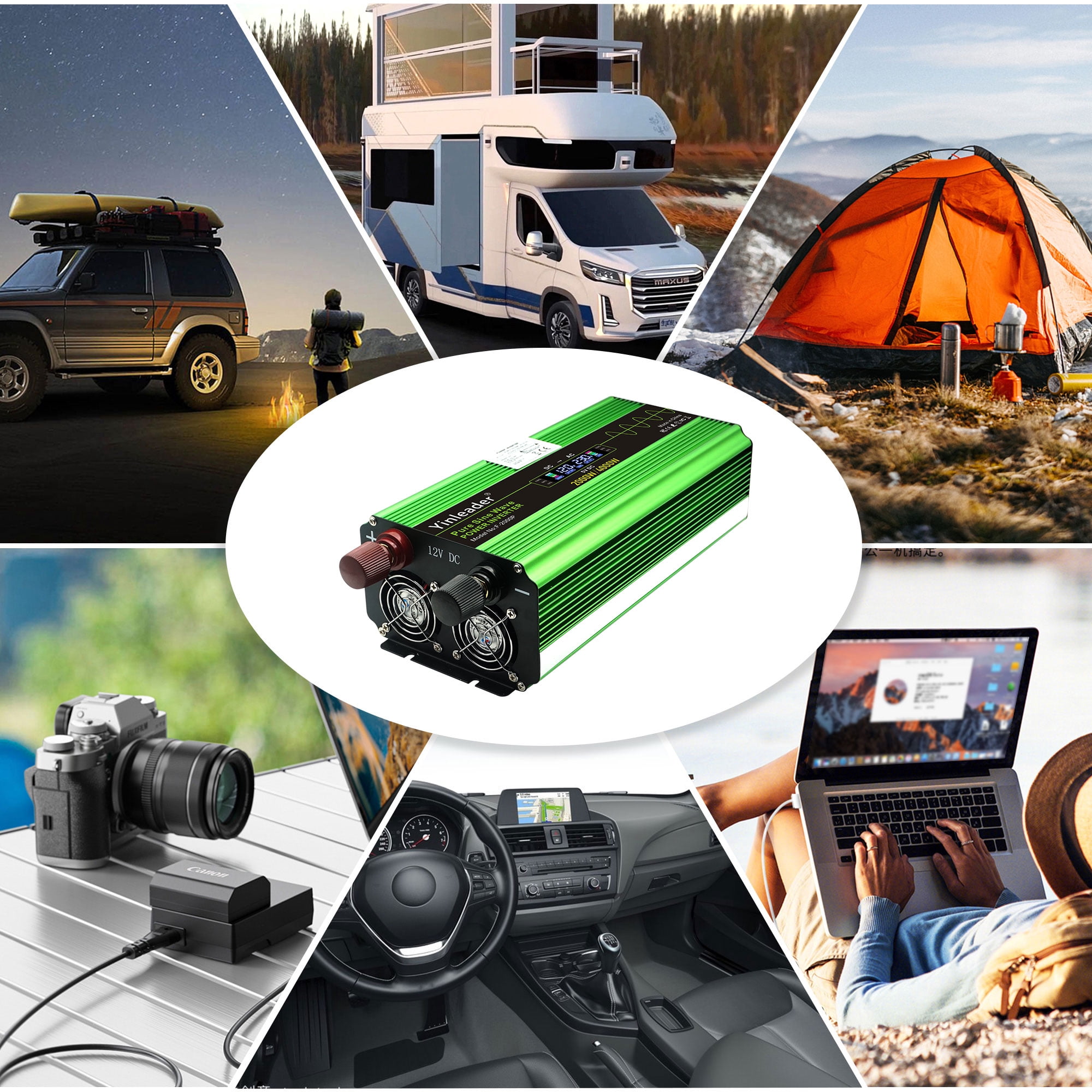 Yinleader 2000 Watt Pure Sine Wave Power Inverter 12V to 110V DC to AC with Remote Control LCD Display 4 Sockets 4 USB