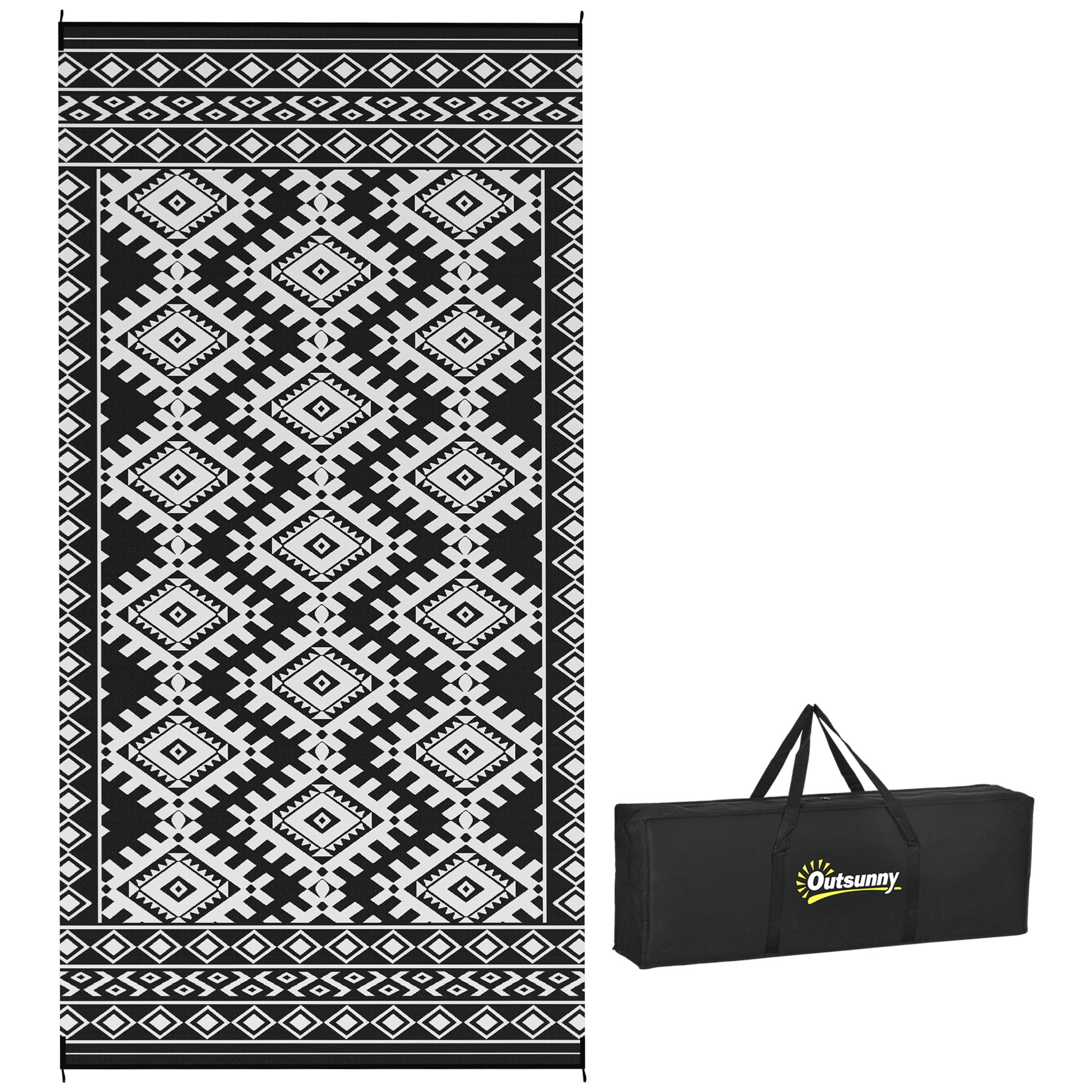 Outsunny Outdoor Patio Rug, Large Camping Carpet with Carrying Bag, 9' x 18' Waterproof Plastic Straw, Reversible, Black & White Rhombus Border