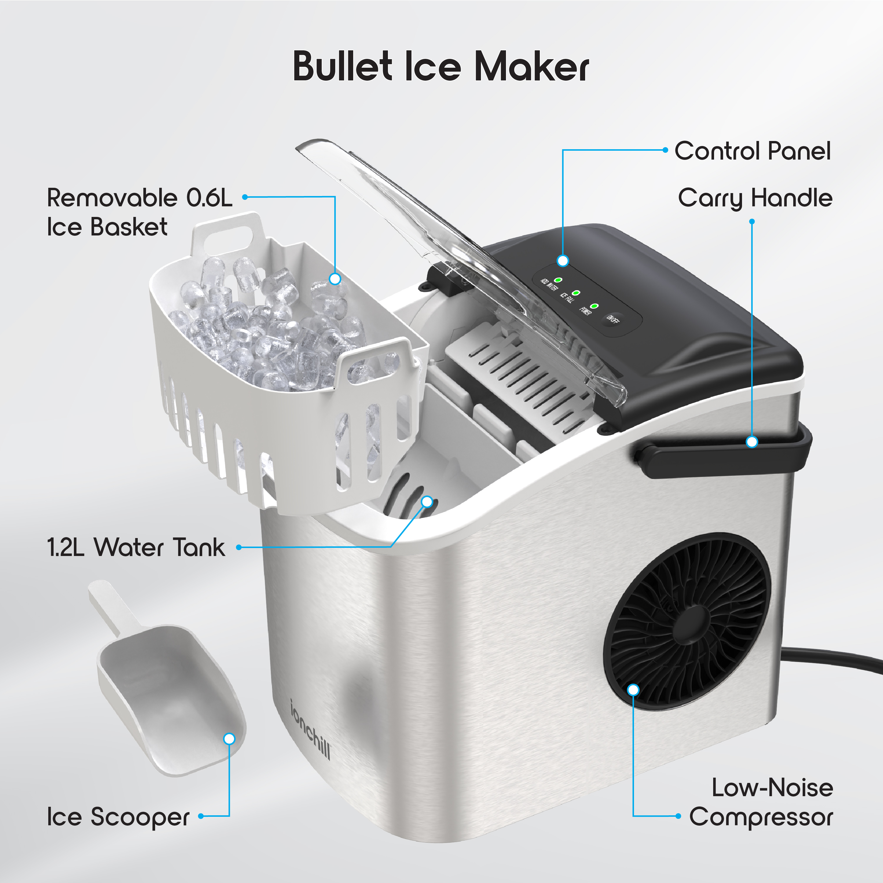 Ionchill Quick Cube Ice Machine, 26lbs/24hrs Portable Countertop Bullet ...