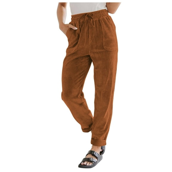 Women's Corduroy Casual Pants High Waist Elastic Drawstring Straight Leg Loose Comfortable Trousers for Everyday Wear