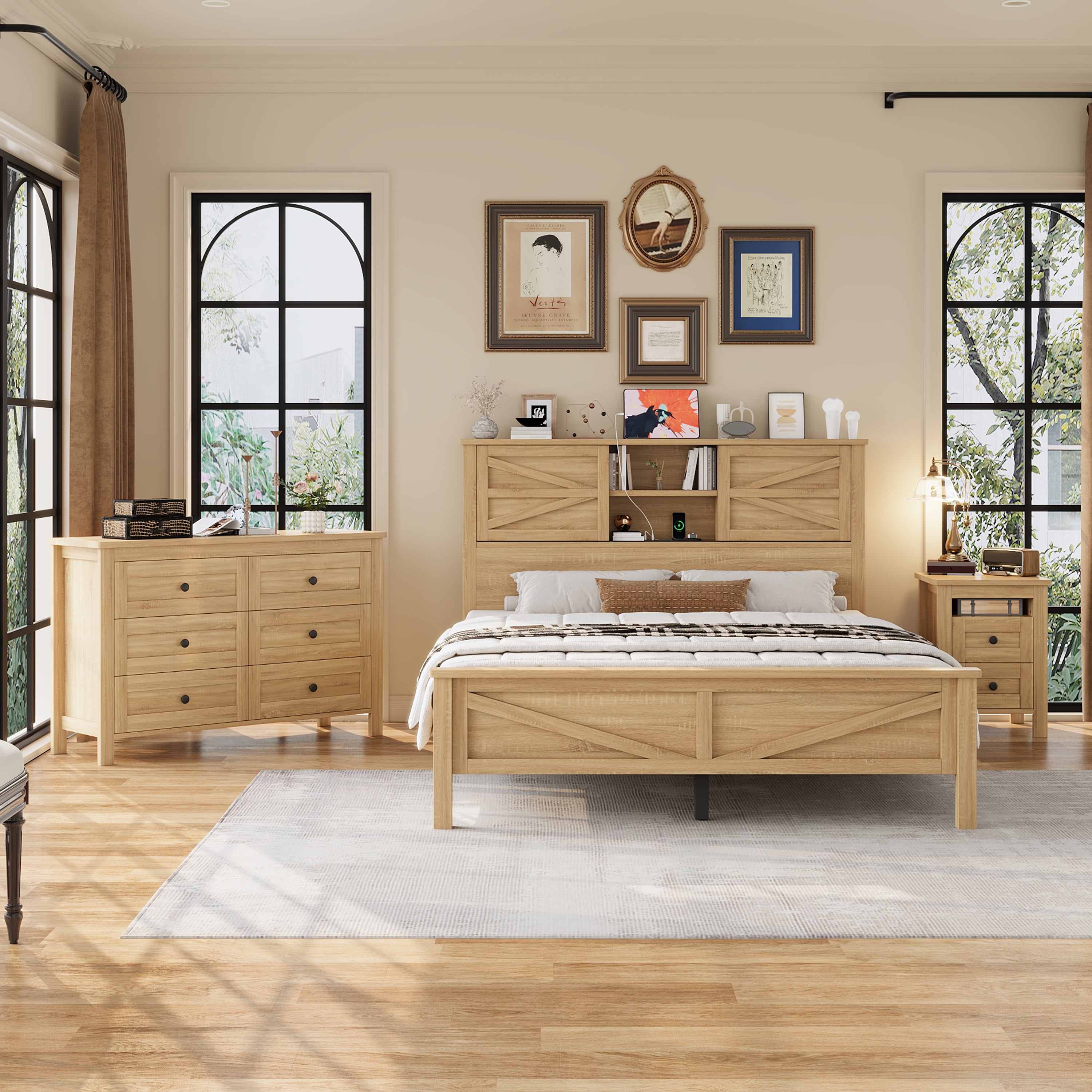Mintazer 3-Piece Farmhouse Bedroom Set with Nightstand & 6-Drawer Dresser, Queen Platform Bed with Storage Headboard, Natural