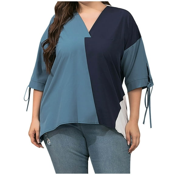 Summer Plus Size Tops for Women V Neck Loose Oversized T Shirts Lace up Half Sleeve Blouses Colorblock Tunic Tops