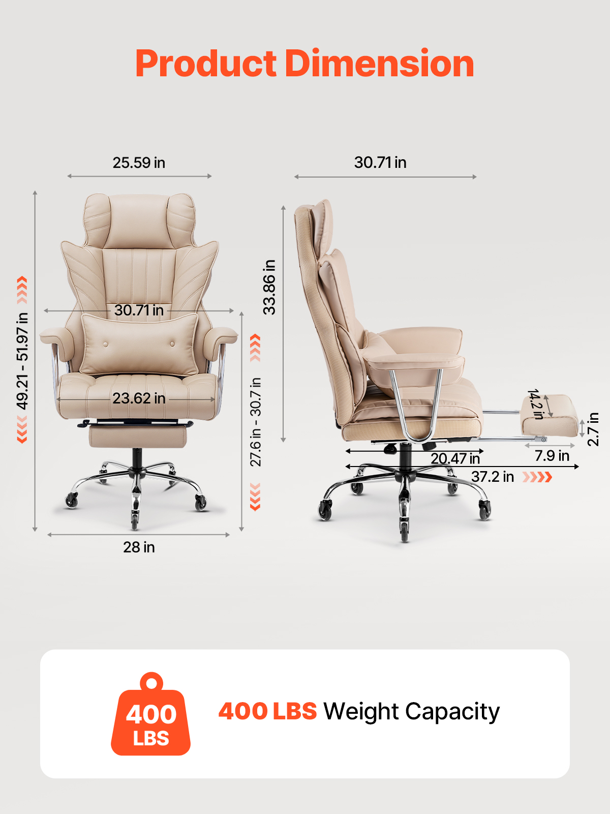 KFFKFF Managerial Office Seat, Tall Backrest Chair with Retractable Footstool and Detachable Arm Supports, Comfortable Workstation Chair, PU Leather Revolving Mobility Chair, Brown