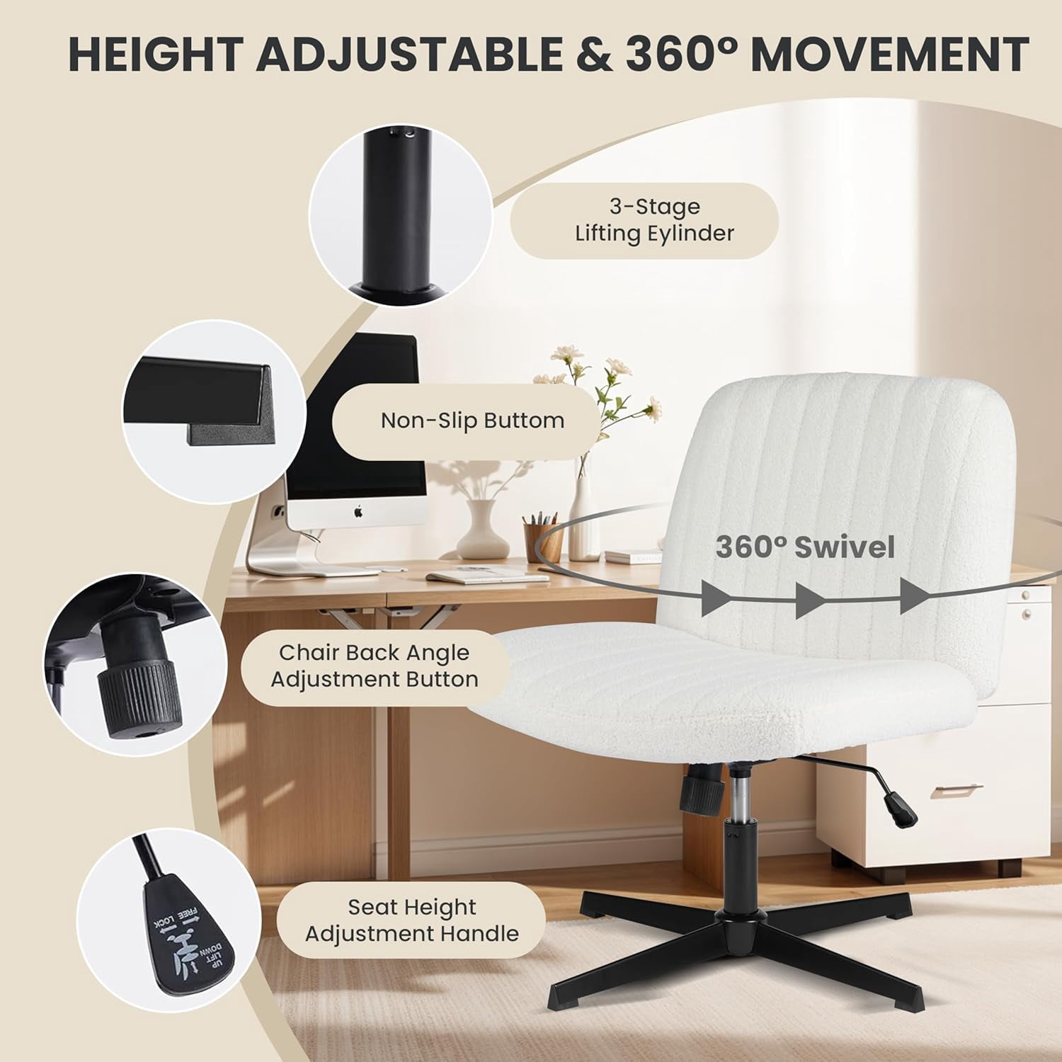 QUIOCOZY Wide Criss Cross Leg Chair, Swivel Office Desk Chair, Adjustable Faux Fur Computer Task Chair, Comfy Armless Vanity Makeup Chair without Wheels for Home & Office