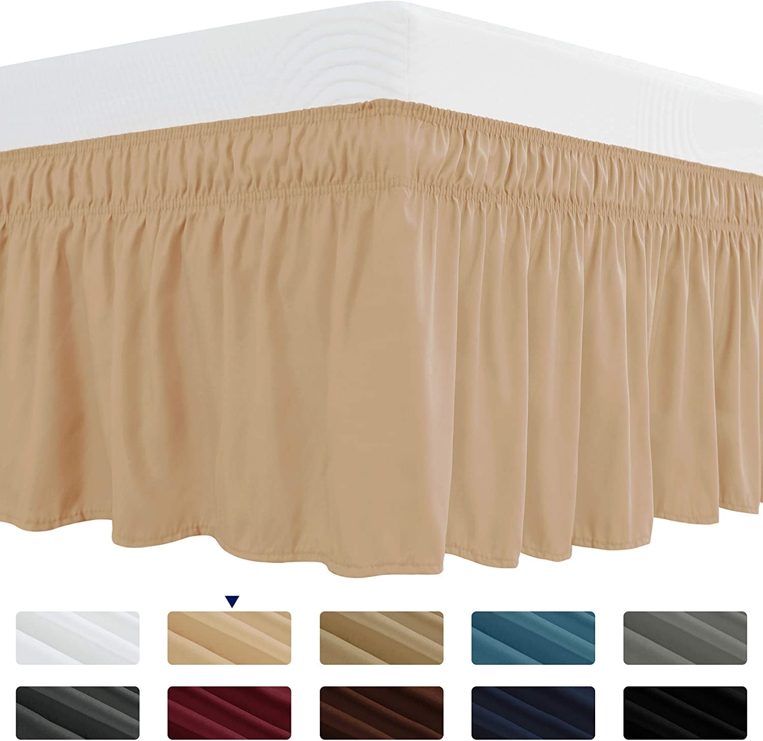 Queen Elastic Dust Ruffle Bed Skirt Easy Fit Wrap Around Bed 16" Drop Khaki Soft 