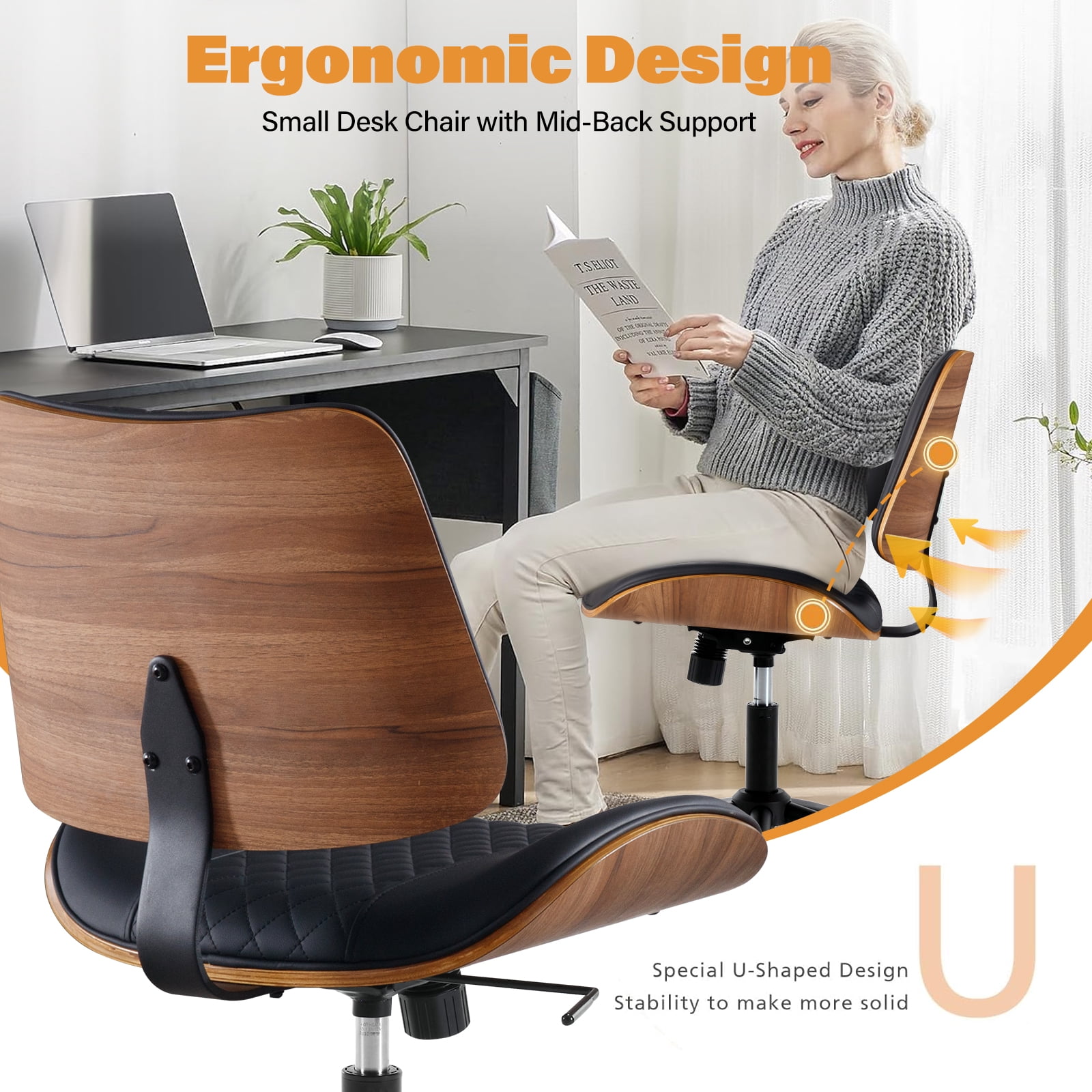 Home Office Chair, Armless Desk Chair with Wheels, Adjustable Height and 360° Swivel, Modern PU Leather Mid Back Computer Chair, Office Chair for Living Room Bedroom Office, Black