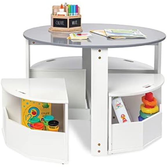 Toddler Table and Chair Set – Round Kids Activity Table With 4 Storage Stools, Nesting Design for Toddlers, Kids Play Table with Storage - Space-Saving Playroom Kids Furniture - (White)