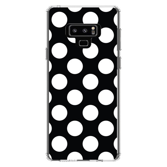 DistinctInk Clear Shockproof Hybrid Case for Samsung Galaxy Note 9 - TPU Bumper, Acrylic Back, Tempered Glass Screen Protector - White & Black Polka Dots