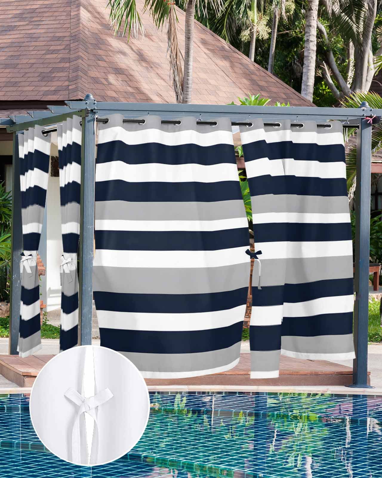 Black White Stripesd Outdoor Curtains for Patio, Minimalist Geometric Grey Privacy Drapes Grommet Waterproof Outside Curtains for Porch/Cabana/Balcony 54"x 108", 1 Panel
