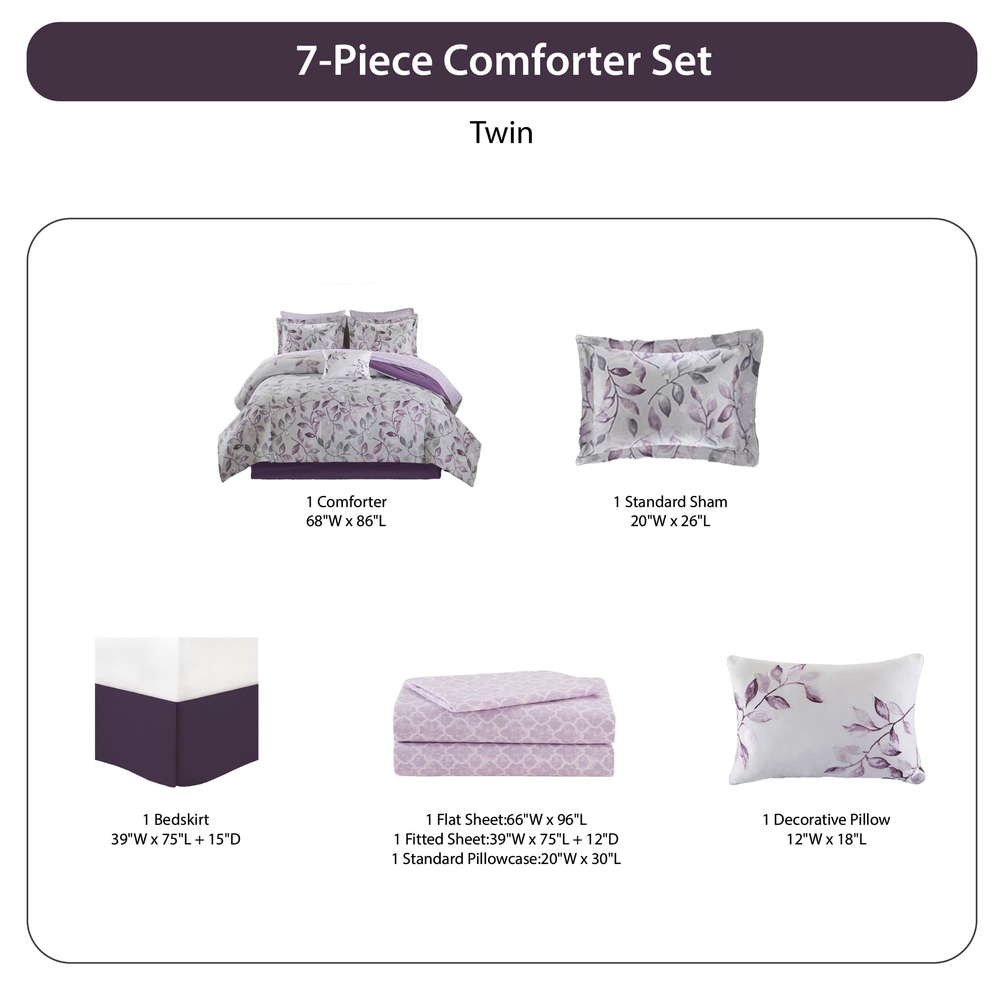 Madison Park Essentials 7 Piece Twin Botanical Comforter Set, Cotton Bed in A Bag with Bedskirt, Spring Purple Floral Comforter Bed Set, Bedding Sets with Flat Sheet and Fitted Sheet for Girls