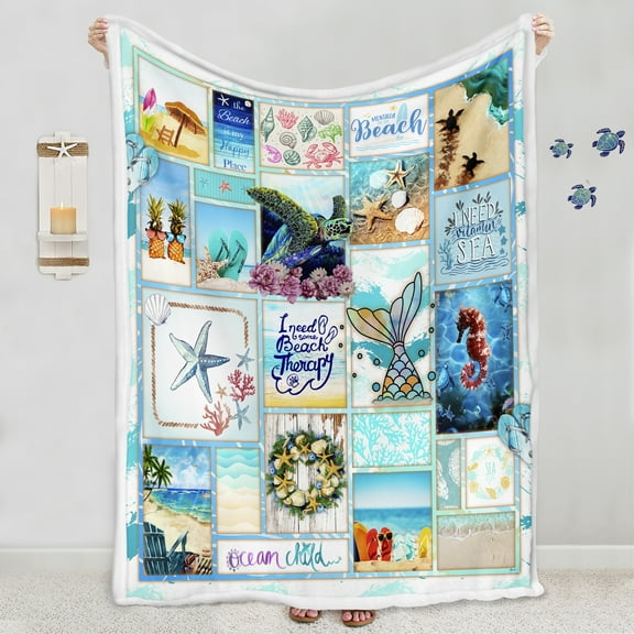 Mother's Day Gifts for Him, Her - Beach Throw Blanket for Couch, Sea Turtle Blanket Queen Size 60x80, Coastal Blue Fleece Blanket - Blanket for Bedroom, Home Sherpa Blanket