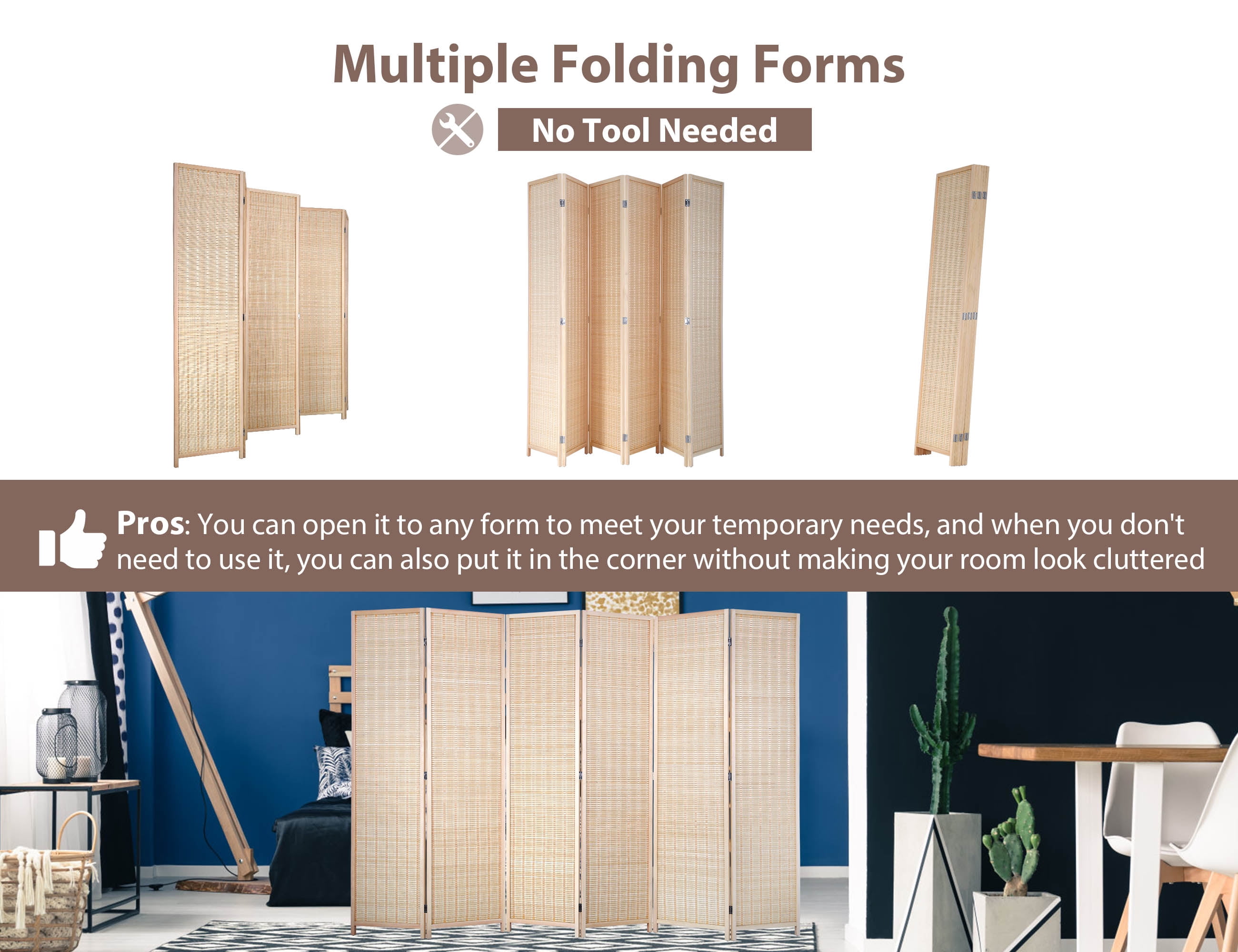 CL.HPAHKL Bamboo Room Divider 6 Panel Folding Privacy Screen Freestanding Wall Divider 6 ft Tall Room Partitions and Dividers for Home Bedroom Living Room, Natural
