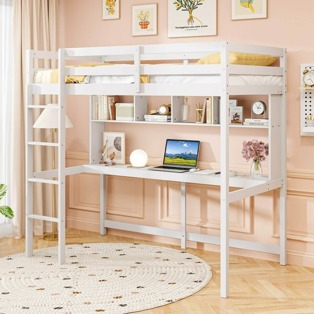 Costway Twin Size Loft Bed with Desk & Shelves Safety Guardrails & Ladder Storage