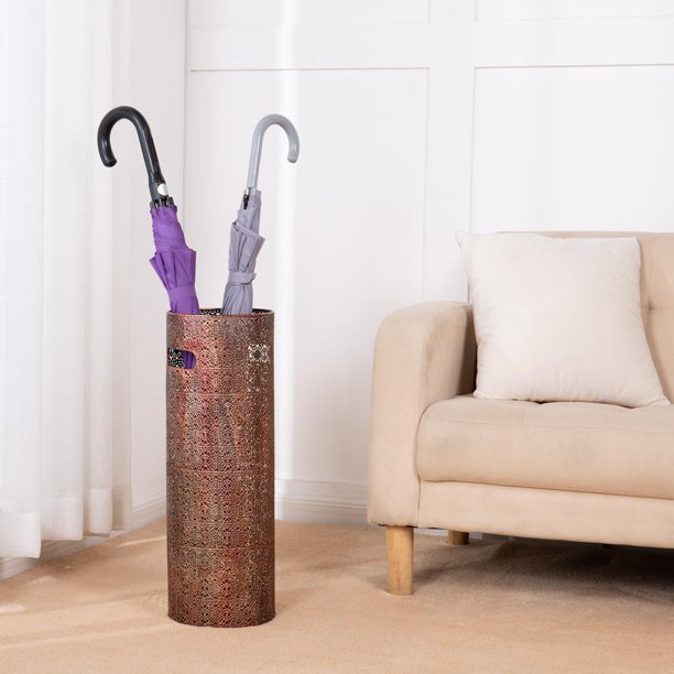 Paragüero de metal resistente de 21 pulgadas - Soporte de almacenamiento duradero para paraguas - Uso interior y exterior - Organizador elegante y moderno para entradas. (Encaje de cobre)
