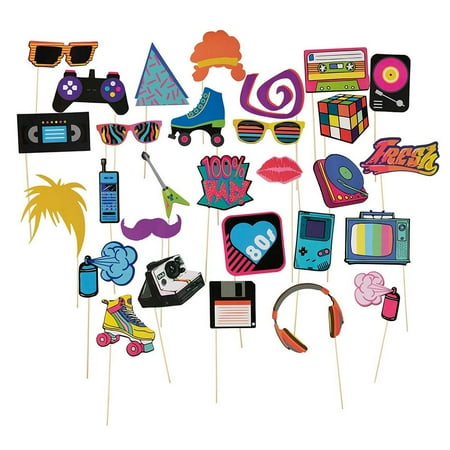 80s Pre Assembled Photo Booth Props 30 Pack Pre Made 80s Party