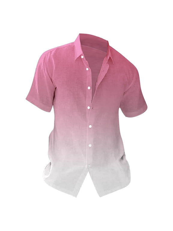 Button-Up Shirts Short Sleeve, Notch Neck Mens Dress Shirts Summer Beach Shirt Overcoat Loose Hawaiian Shirt Gradient | Workwear for Men Pink 3XL