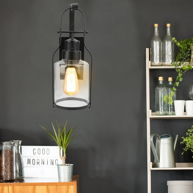 Zaqw Retro Style LED Wall Sconce Black Iron Glass Corridor Light
