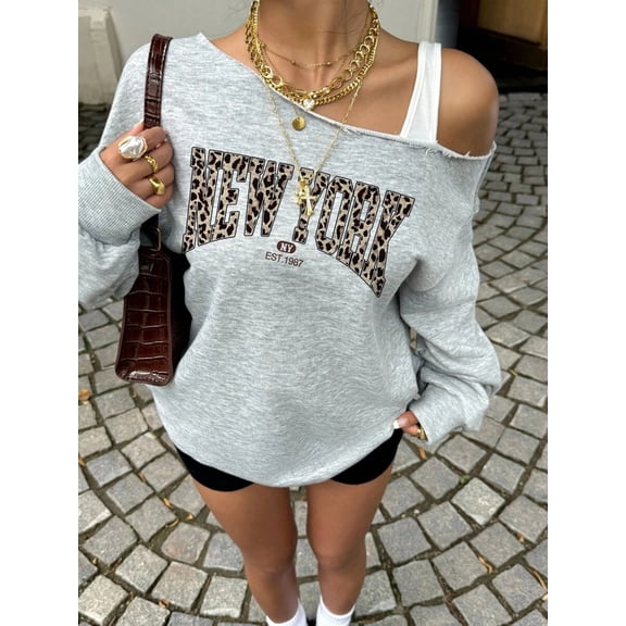 Women's Leopard Print Graphic Sweatshirt Off Shoulder Long Sleeve Pullover