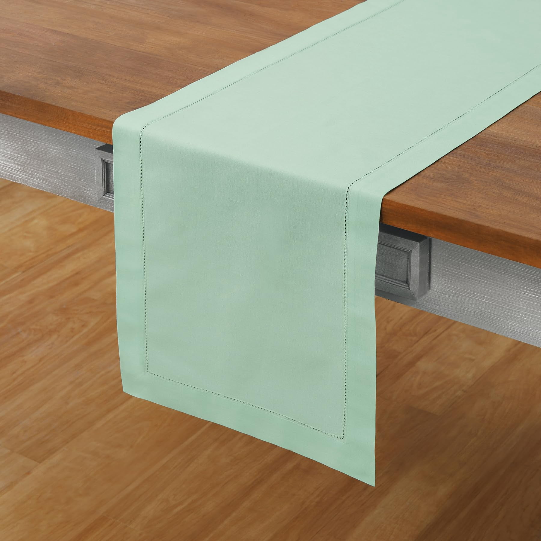 Solino Home Table Runner 108 Inches Long - Cotton Linen Hemstitch Aqua Table Runner 14 x 108 Inch for Winter, Spring, Easter, Mothers Day