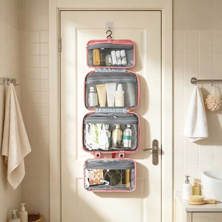 hanging travel toiletry bag with mirror Vanity Organizer 4-Layer & Makeup Wellmall 1 liquid pouch and an ultralight accessory organizer Travel Hanging Toiletry Bag for
