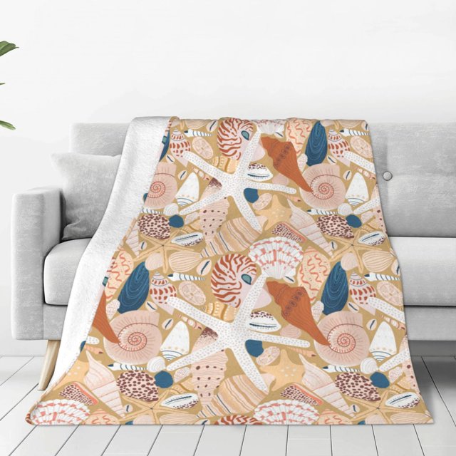 Fotbe Tropical Beach Sea Shell Manta de Franela Acolchonada con Estampado, Súper Suave y Esponjosa, Extra Grande para Sofá, Cama, Uso Todo el Año-60"x50"