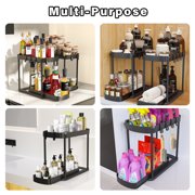 2-Tier Pull-Out Organizer, Multi-Purpose Kitchen Spice Rack & Bathroom Countertop Storage Shelf with Hooks, Space-Saving Under Sink Organizer for Toiletries, Cleaning Supplies, Black
