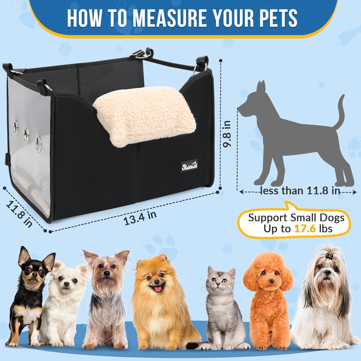 AUTOWT Dog Car Seat - Detachable Booster with Safe Leash, Foldable with Clear Panel for Pets Under 18 lb